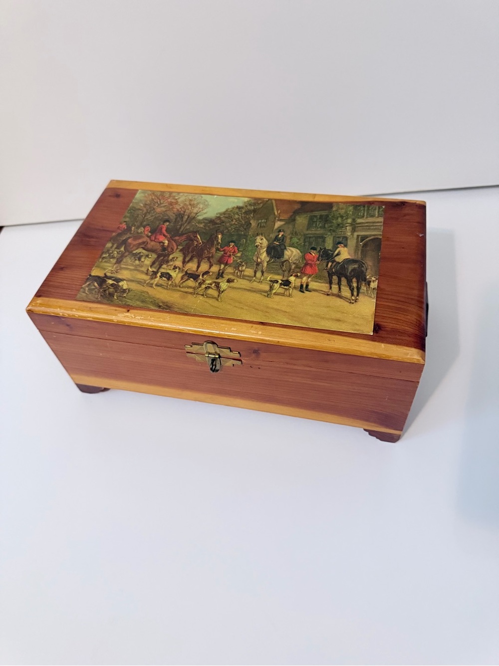 Antique vintage cedar box English equestrian scene jewelry box